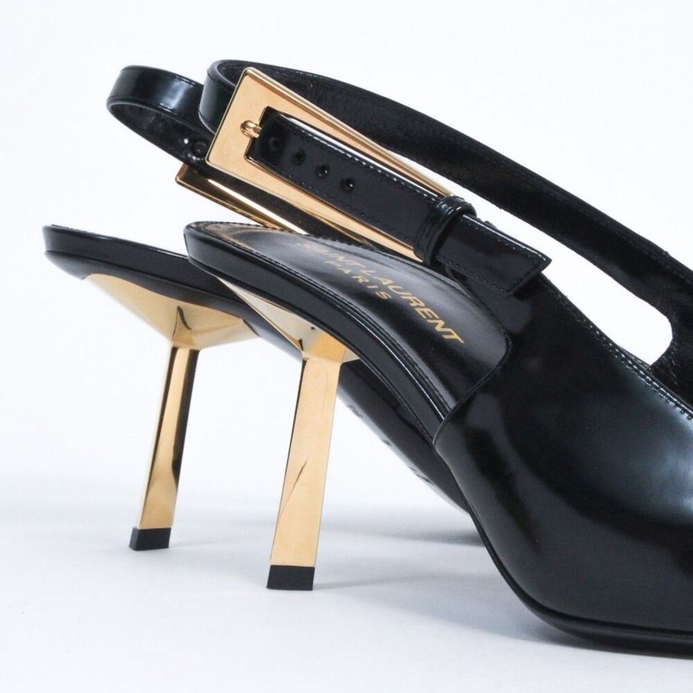 Saint Laurent YSL Lee Slingback Pumps Black Leather Gold Heel Shoes 39.5 NIB - Picture 5 of 13